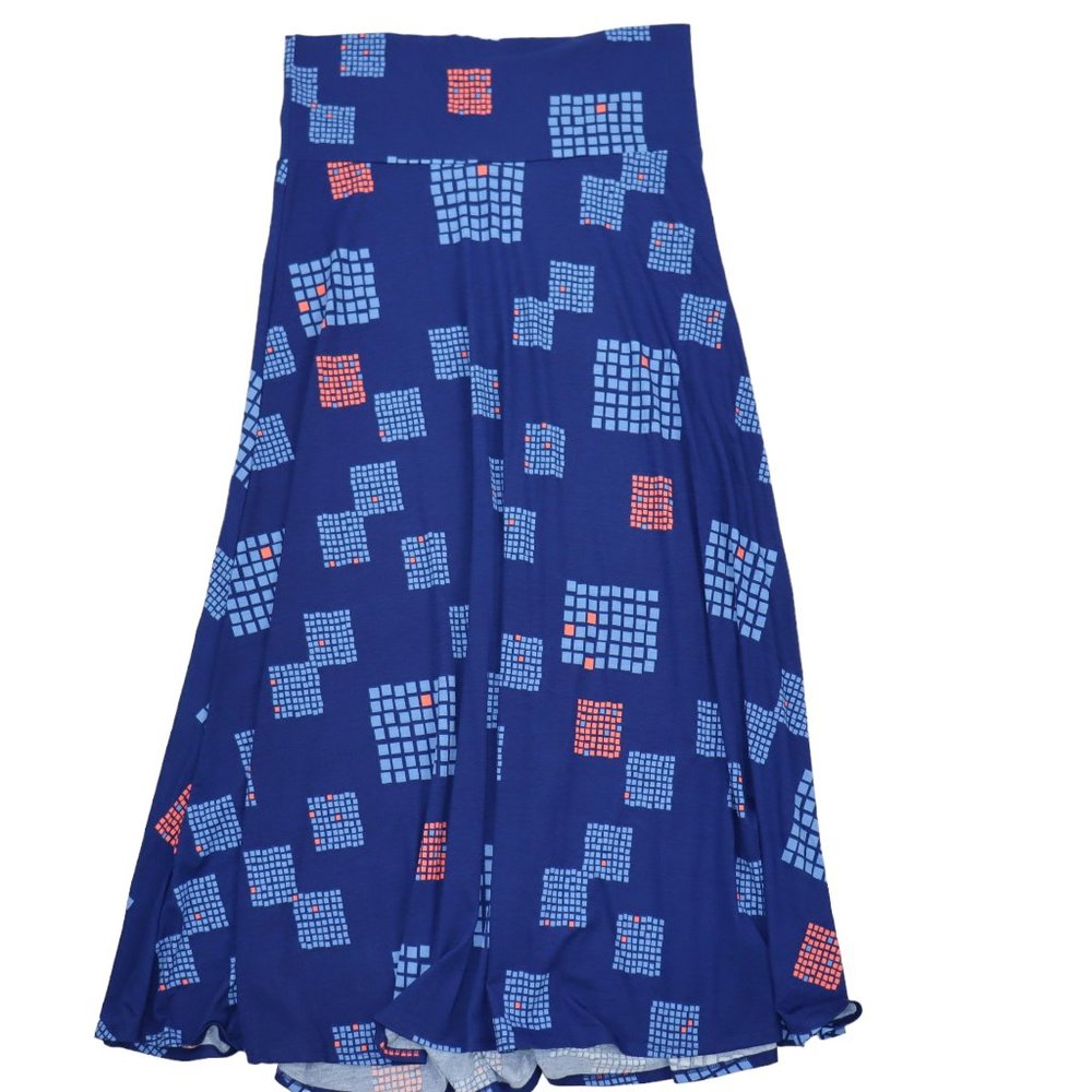 Lularoe Women's Maxi Skirt Blue Geometric Square Pattern Size XXL